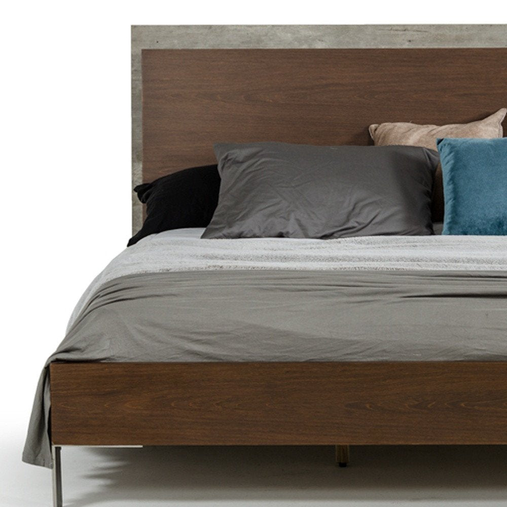 Modern Dark Walnut & Concrete Queen Bed