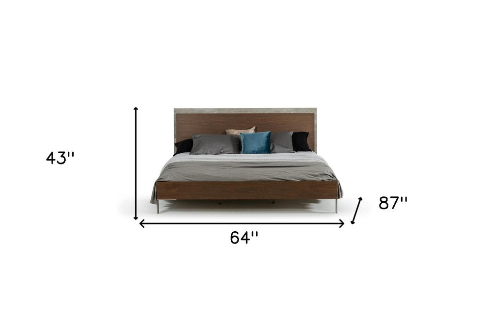 Modern Dark Walnut & Concrete Queen Bed