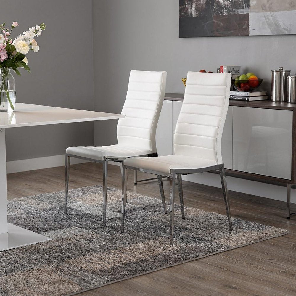 Set of Two White And Silver Upholstered Faux Leather Dining Side Chairs