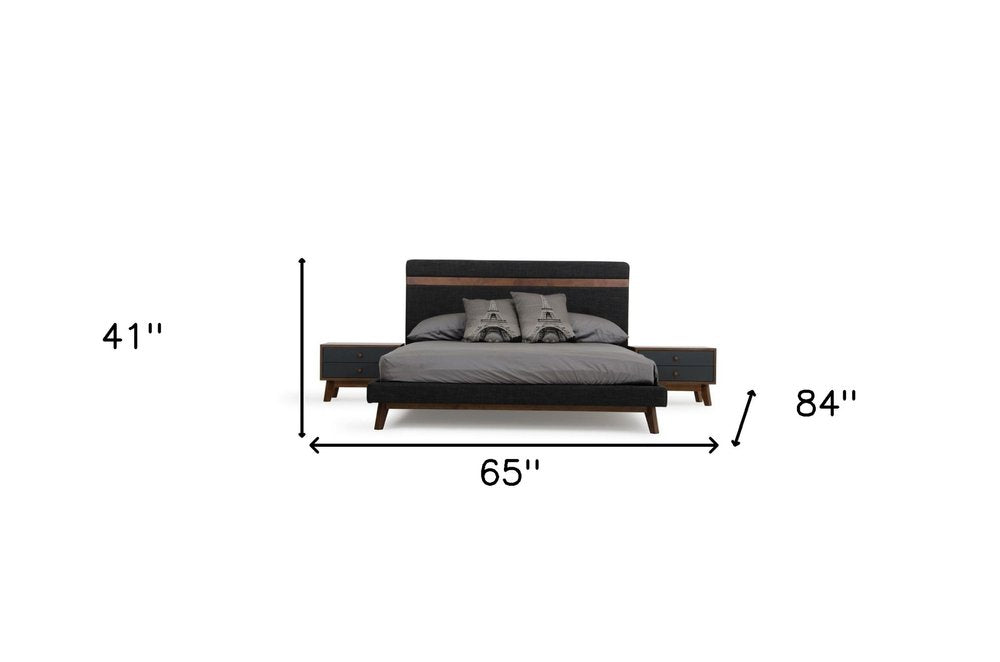 Modern Grey Fabric & Walnut Queen Bed