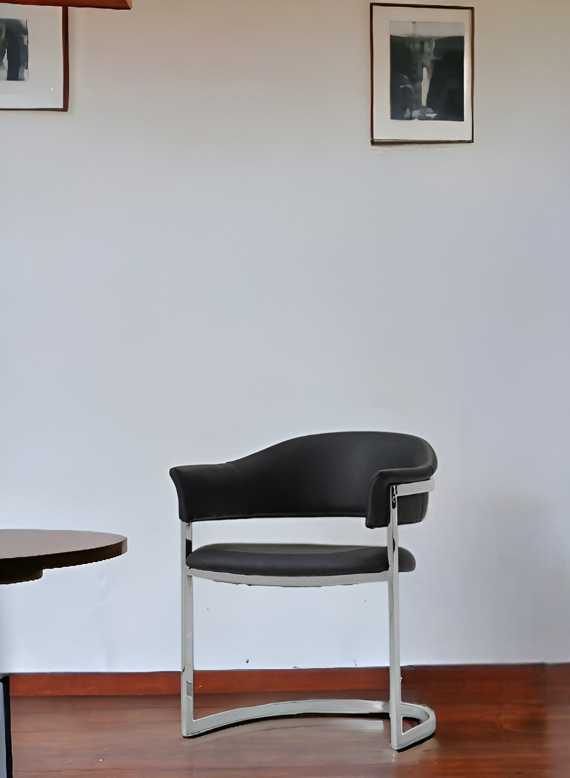Black and Silver Upholstered Faux Leather Open Back Dining Arm Chair