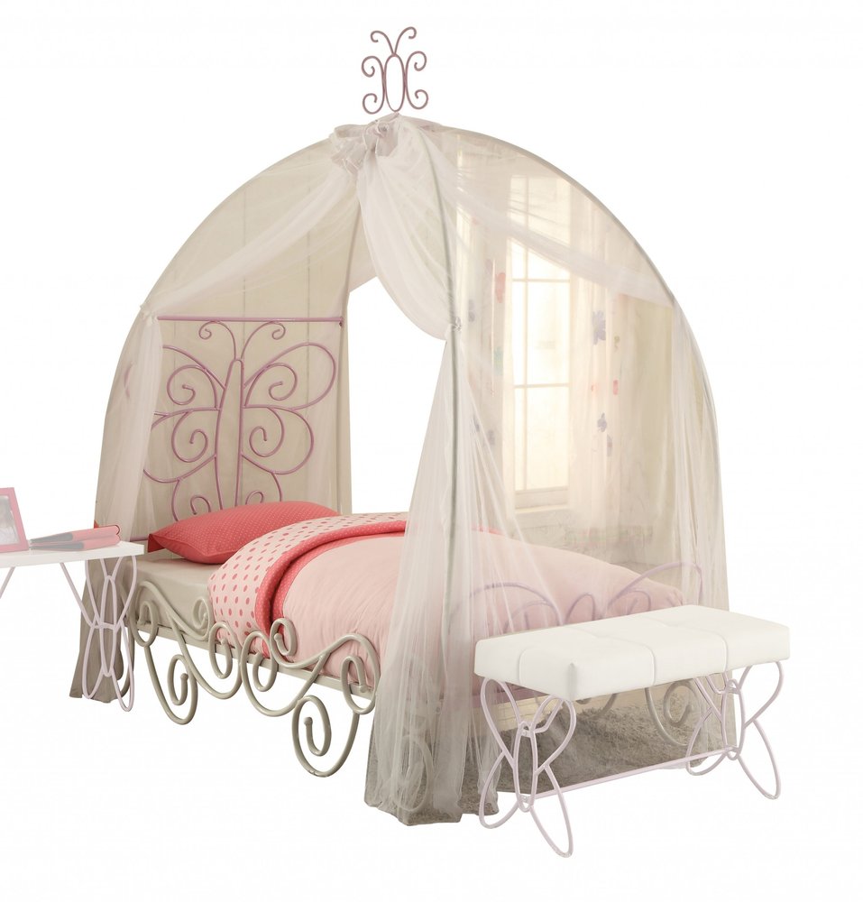 Purple and White Metal Canopy Bed Frame