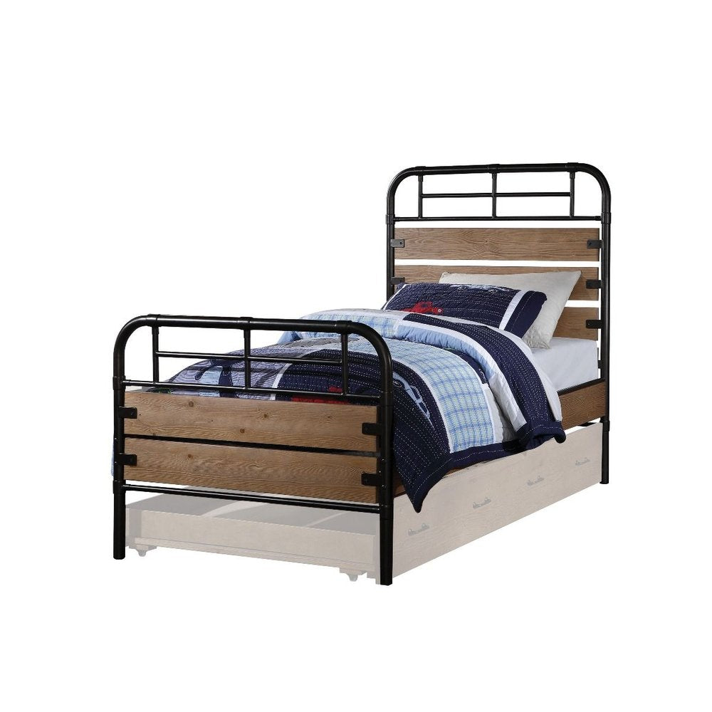 Black And Oak Shiplap Texture Wood and Metal Twin Bed Frame