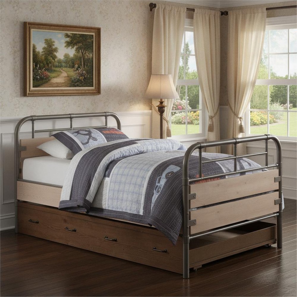 Brown and Black Solid Wood Twin Bed Frame