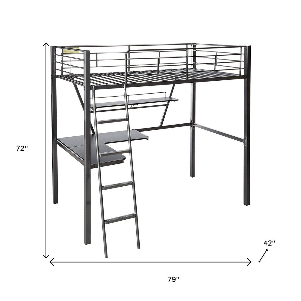 79" X 42" X 72" Silver And Black Metal Tube Loft Bed With Desk