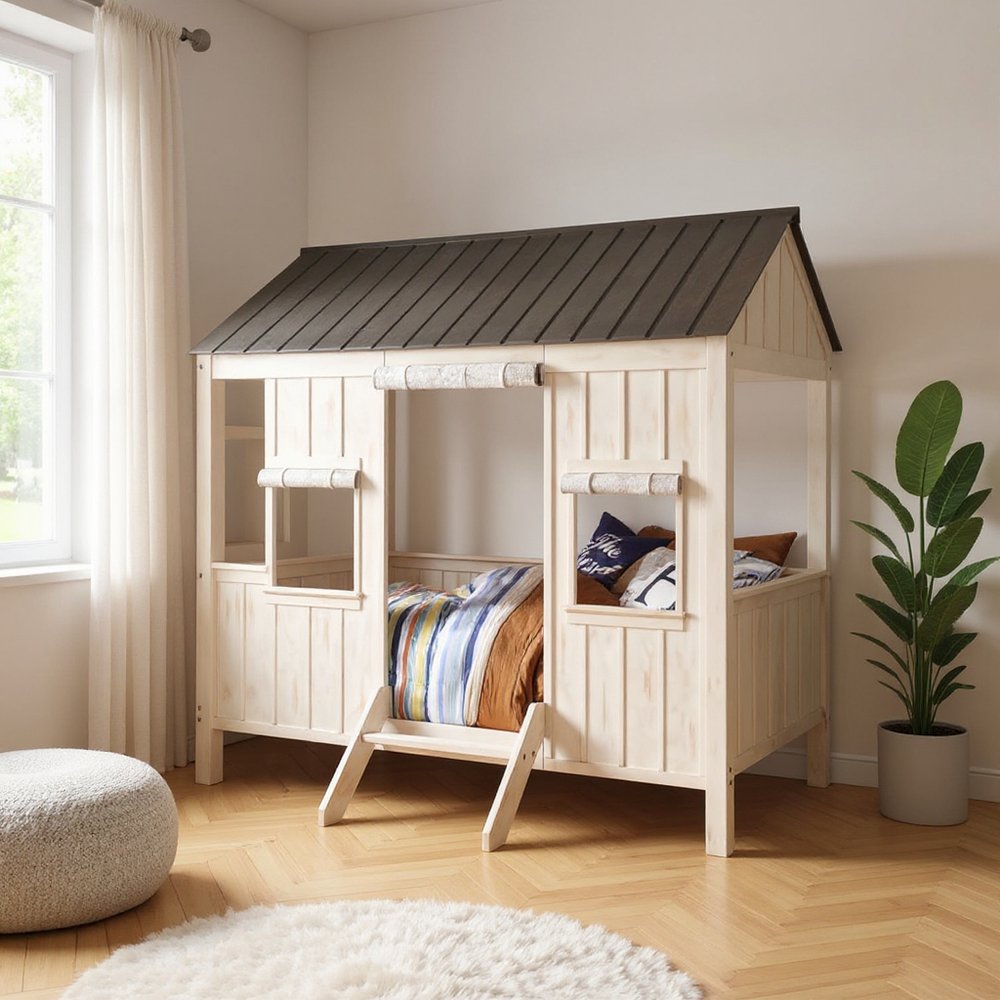 White Solid Wood Full House Bed