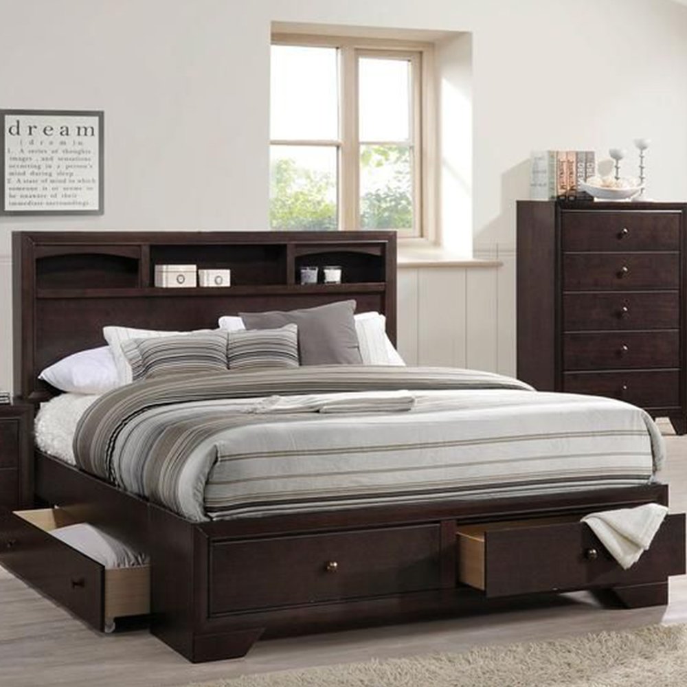 Espresso Solid Wood Queen Bed Frame With Drawers