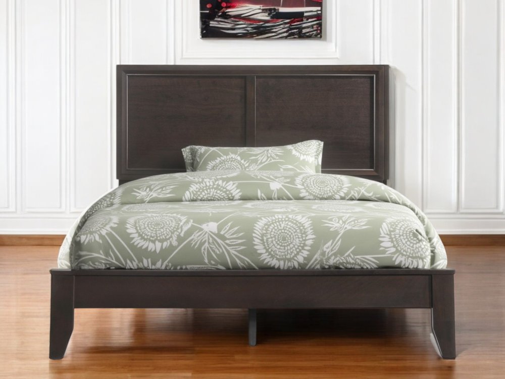 Espresso Inlaid Panels Wood Queen Bed Frame