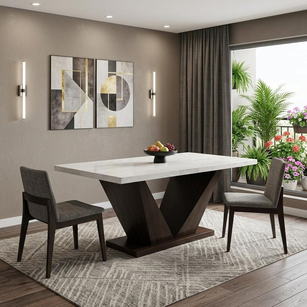 64" White And Dark Brown Marble And Solid Manufactured Wood Pedestal Base Dining Table