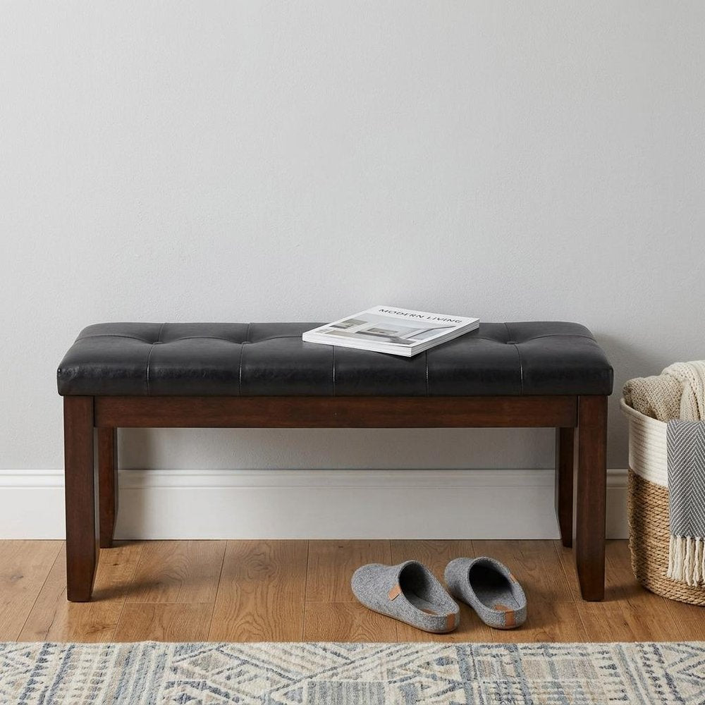 48" Black and Espresso Faux Leather Upholstered Bench
