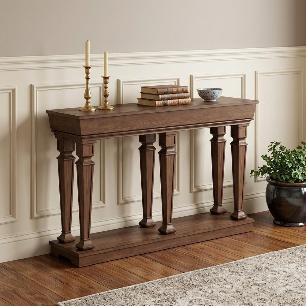 72" Oak Wood Floor Shelf Console Table With Shelf