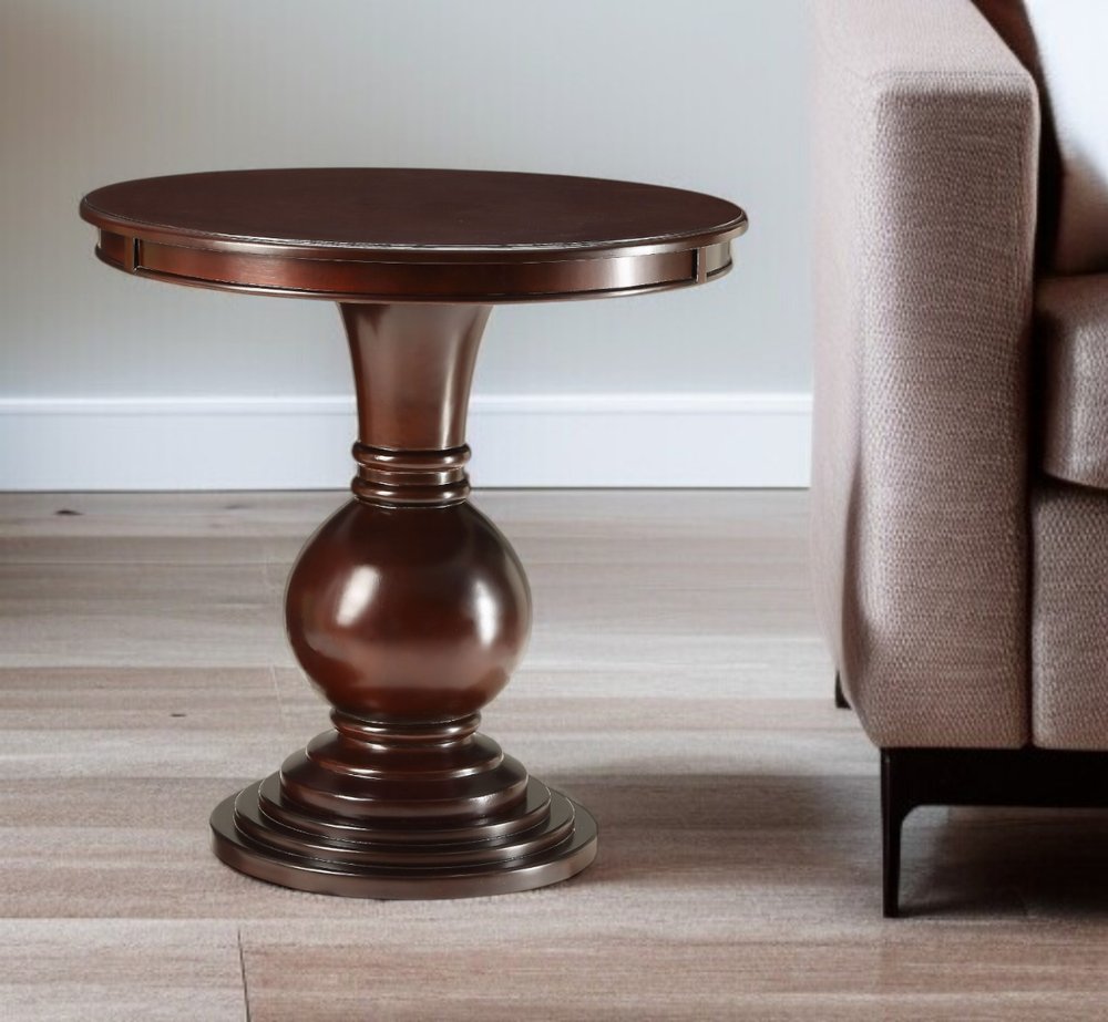26" Brown Solid Wood Round Pedestal End Table