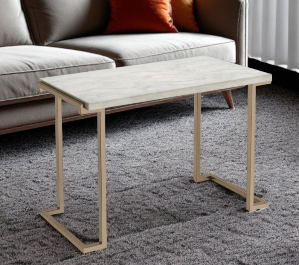 44" White and Gold Faux Marble And Iron Sled Coffee Table