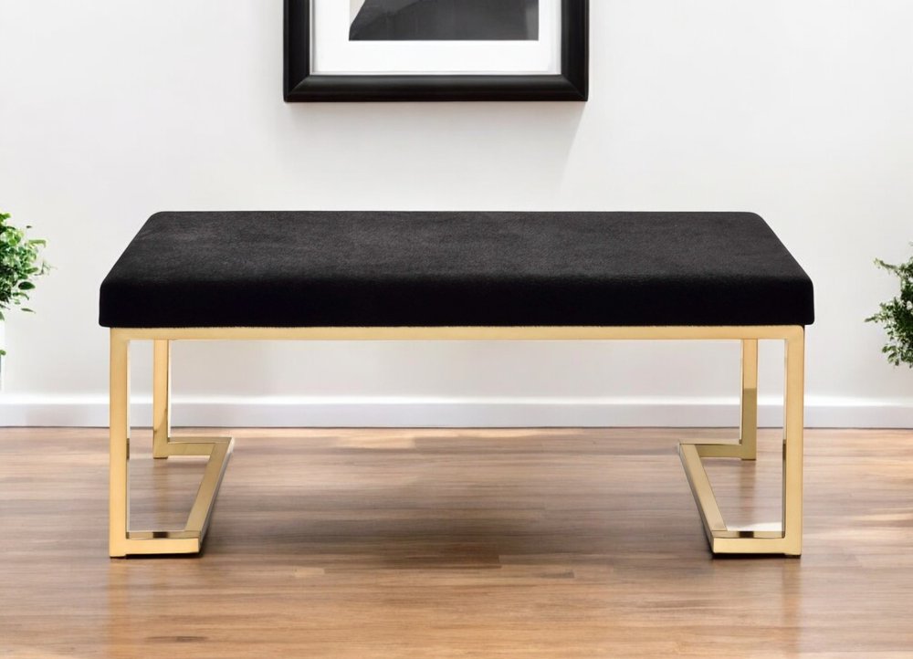40" Black And Champagne Faux Fur And Metal Upholstered Bench