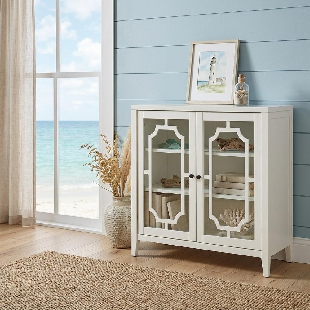 34" White Sideboard with Two Glass Doors