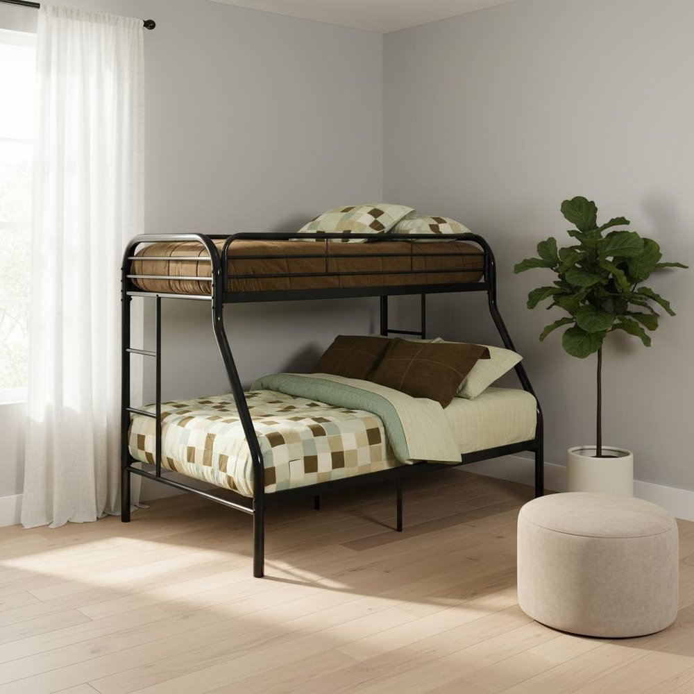 84" X 62" X 65" Twin Xl Over Queen Black Metal Tube Bunk Bed