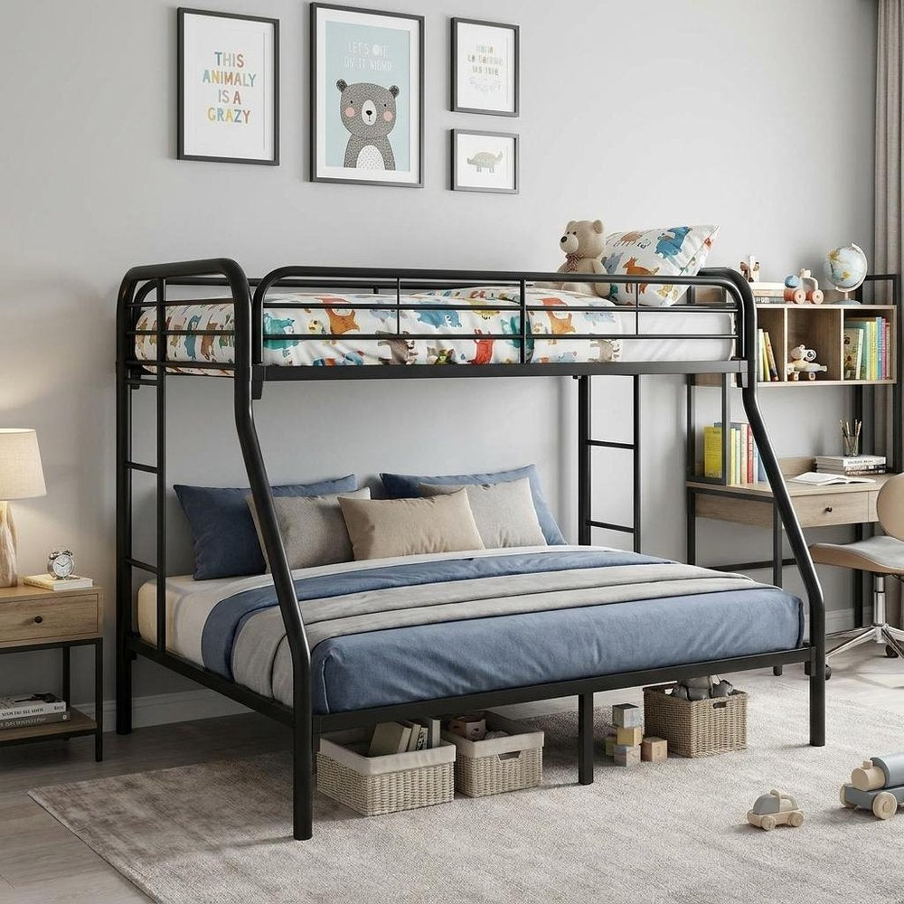 84" X 62" X 65" Twin Xl Over Queen Black Metal Tube Bunk Bed