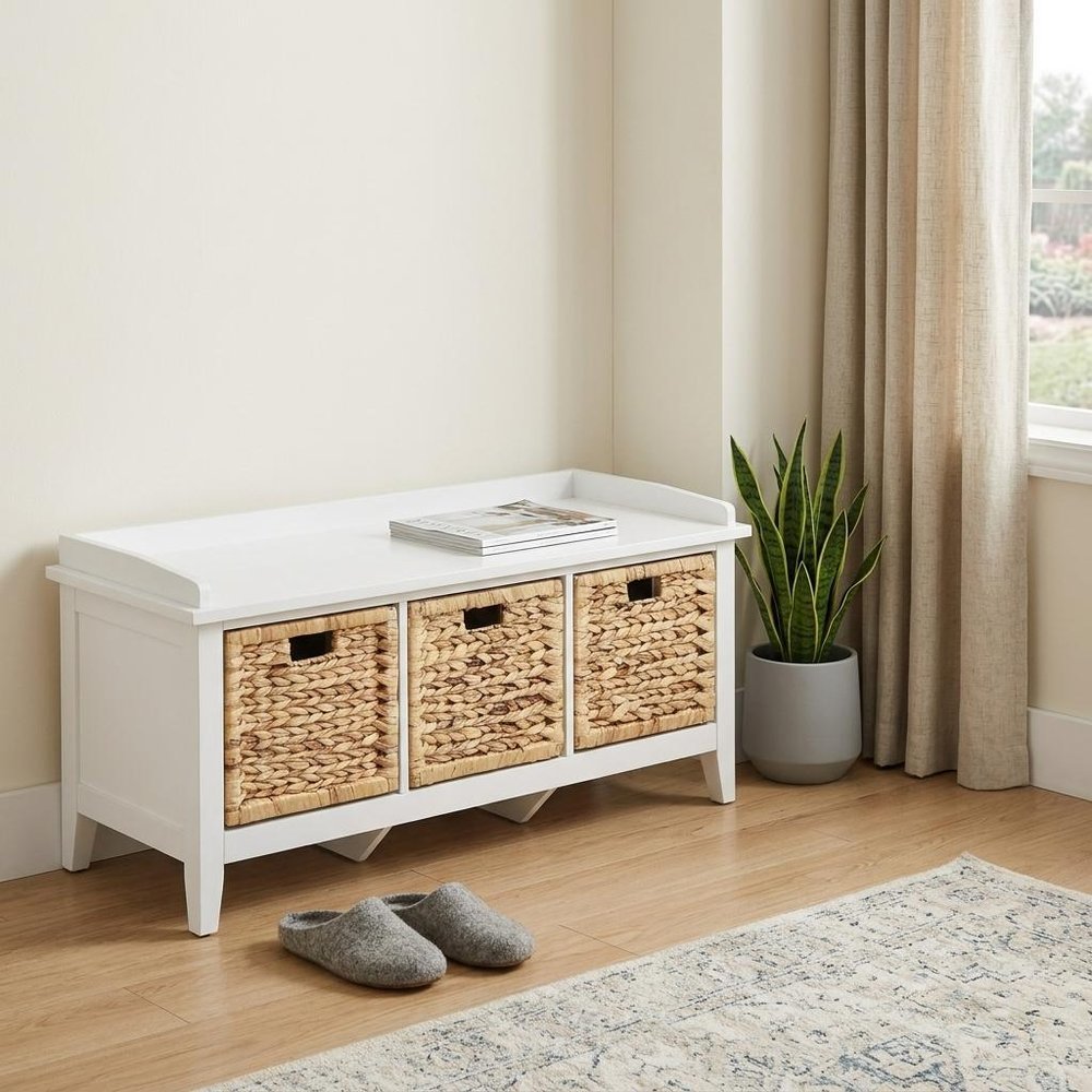 43" White Distressed Solid Wood Storage Bench with Baskets
