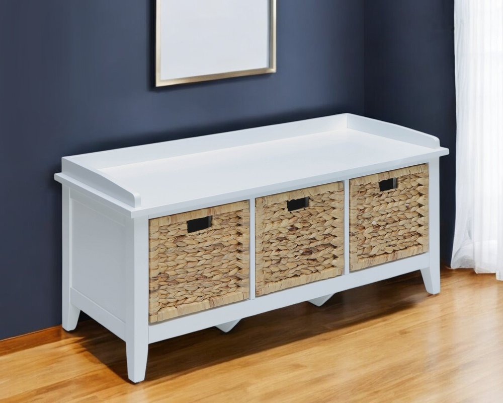 43" White Distressed Solid Wood Storage Bench with Baskets