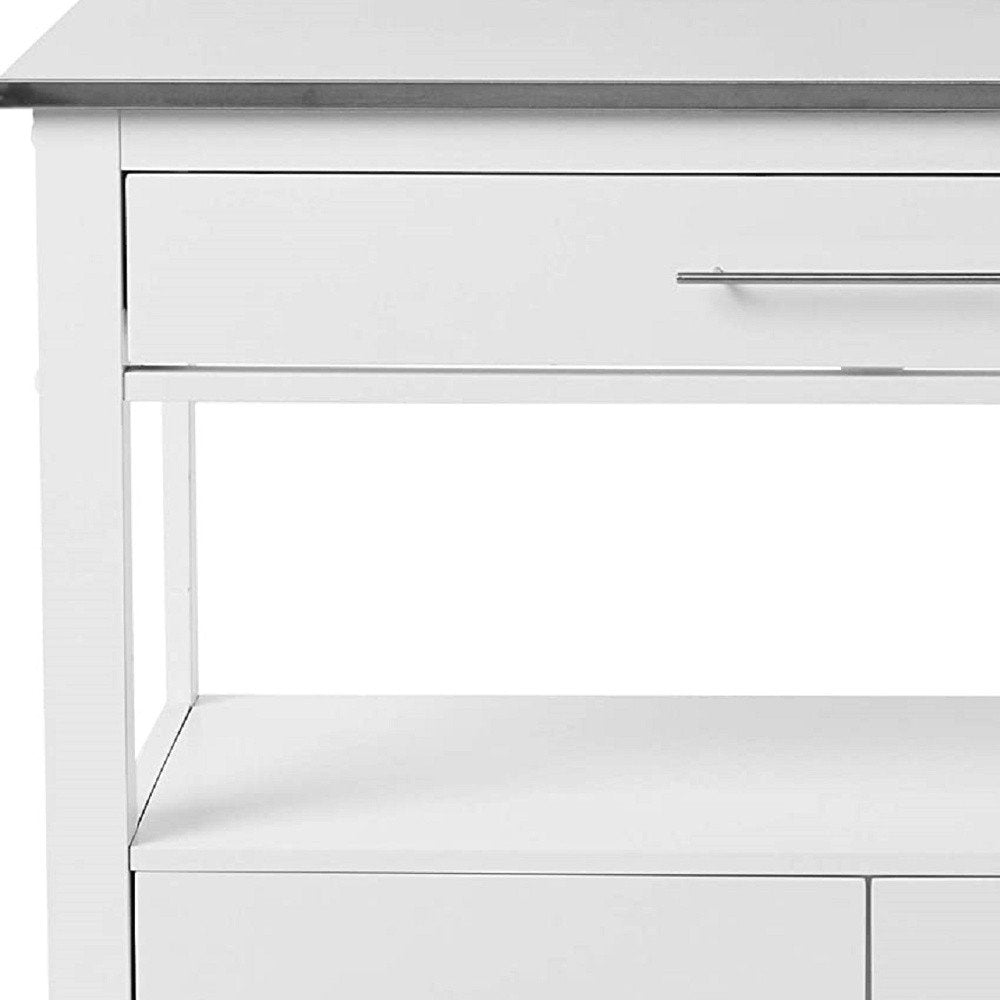 43" Silver and White Stainless steel and Wood Rolling Kitchen Island With Storage