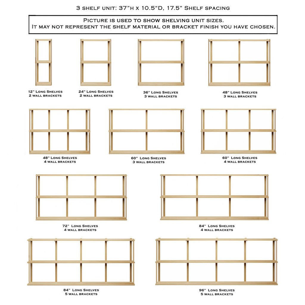 Wall Mount 3 Shelf Unit with Bookends: 37"H