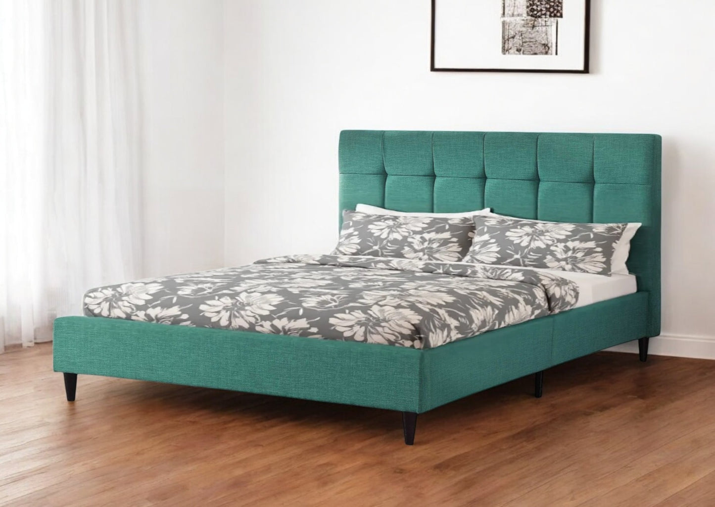 Turquoise Tufted Fabric Upholstered Queen Bed Frame