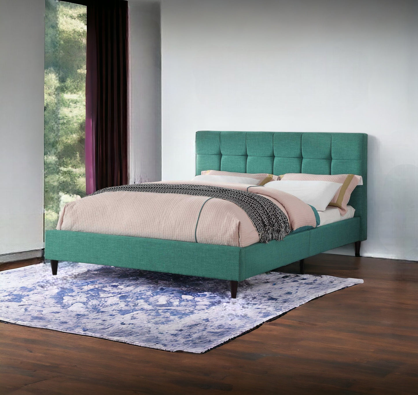 Turquoise Tufted Fabric Upholstered Queen Bed Frame