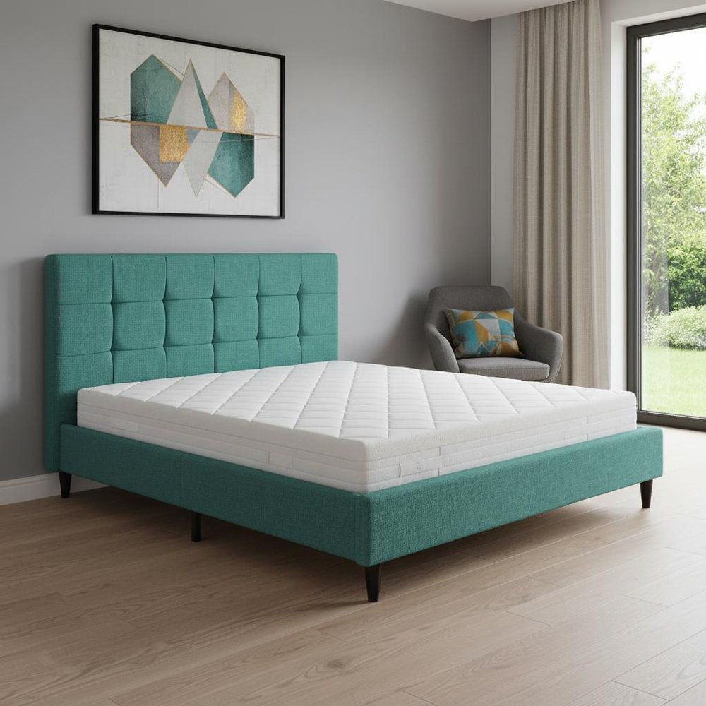 Turquoise Tufted Fabric Upholstered Queen Bed Frame