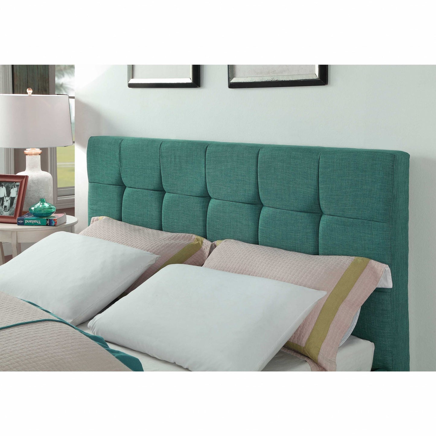 Turquoise Tufted Fabric Upholstered Queen Bed Frame