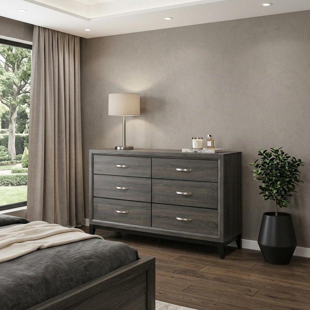 58" Gray Wood Six Drawer Double Dresser