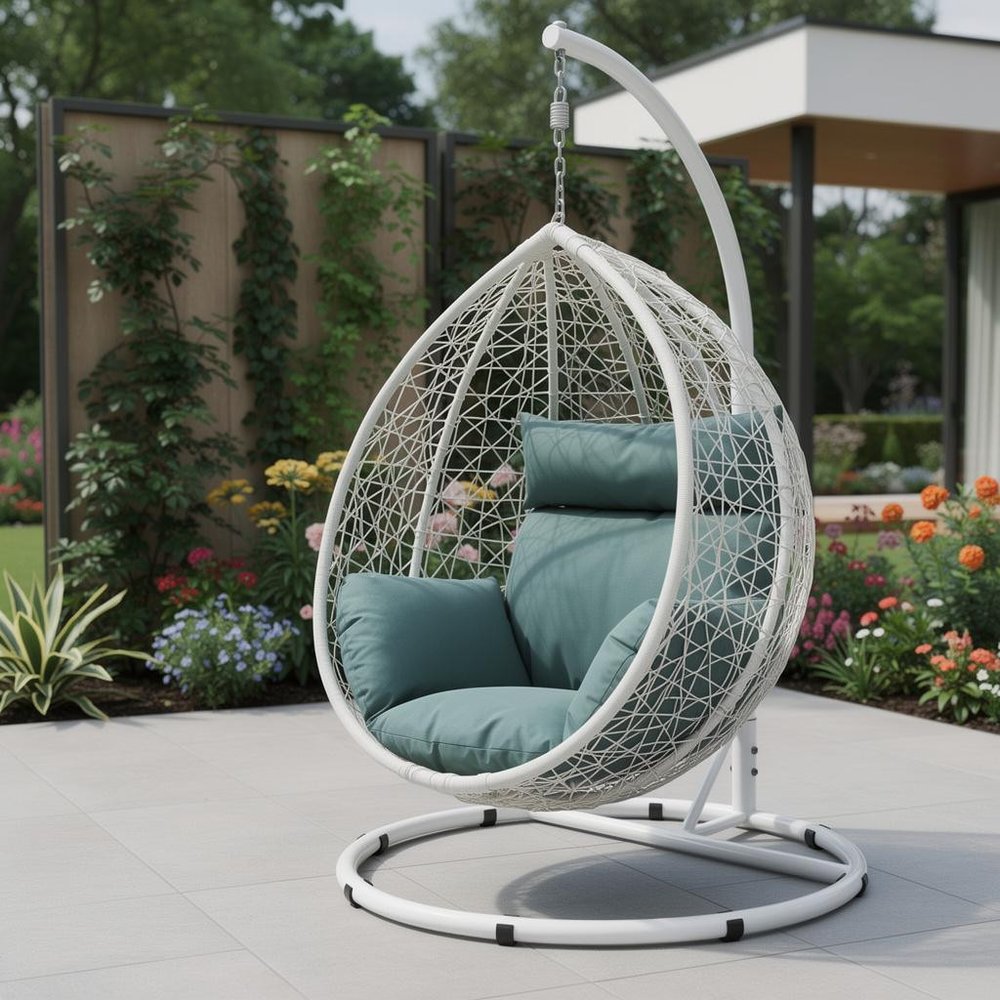 38" Black Metal Swing Chair With Beige Cushion