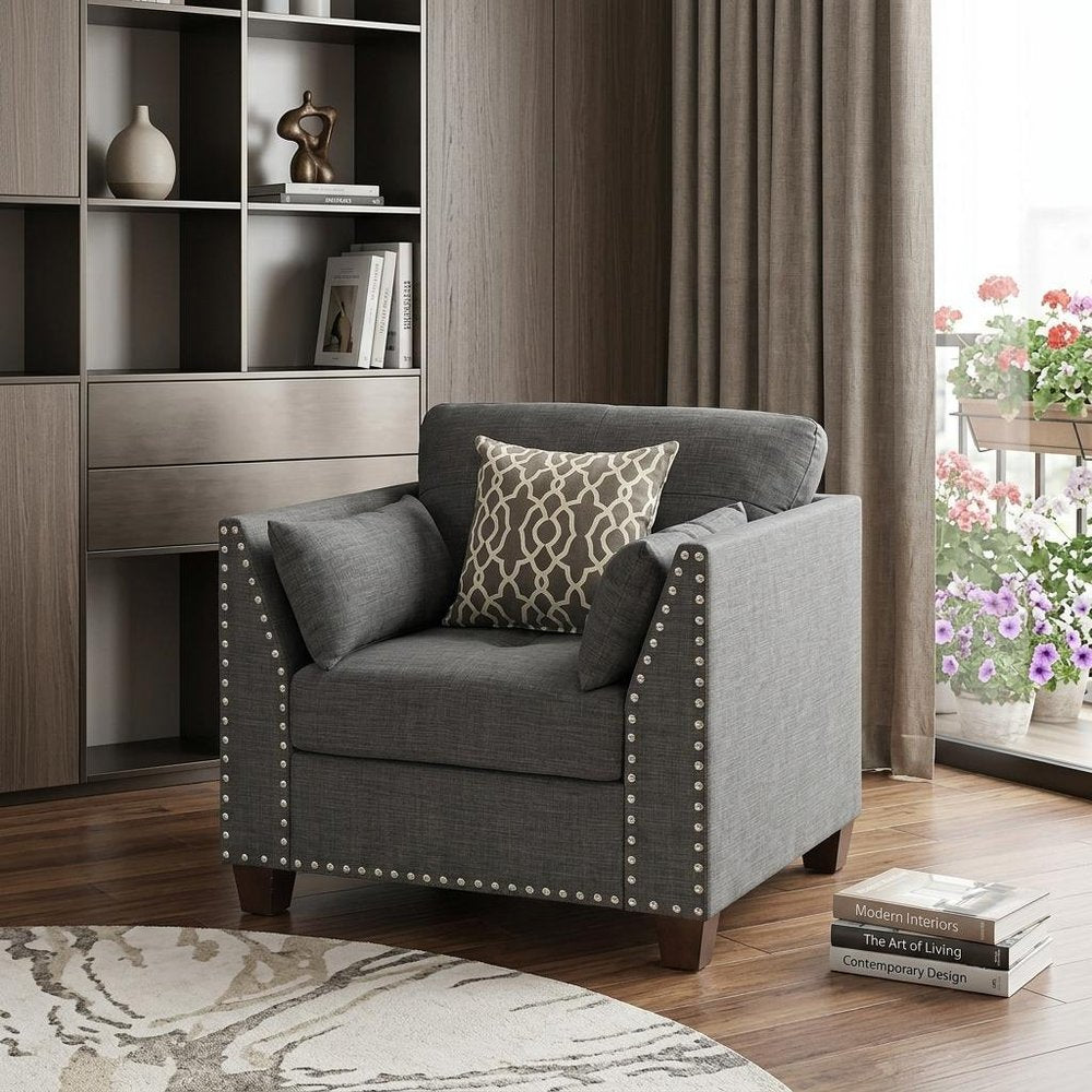 34" Charcoal and Brown Linen Arm Chair And Toss Pillows