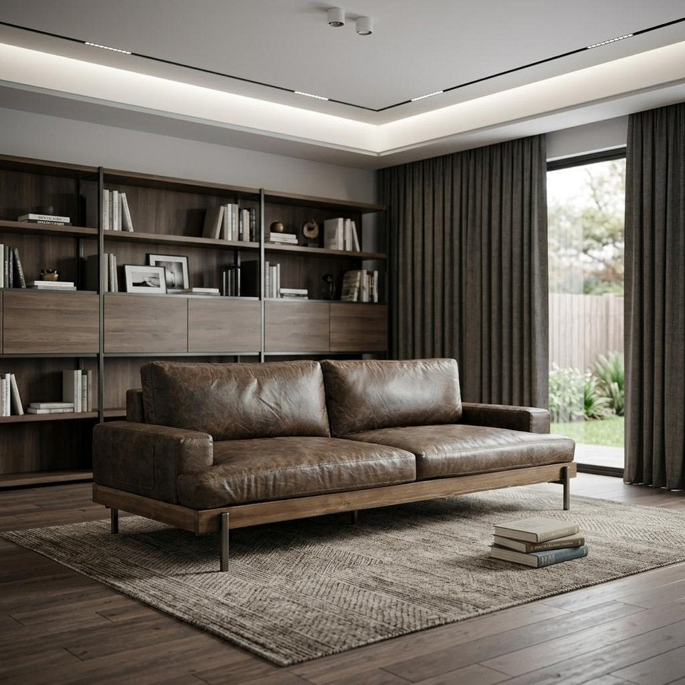 95" Chocolate Top Grain Leather Sofa With Black Legs
