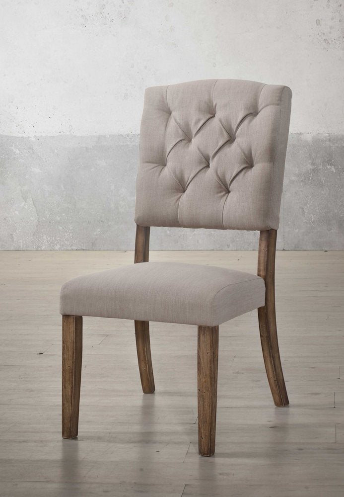 Set of Two Tufted Cream and Brown Upholstered Linen Open Back Dining Side Chairs