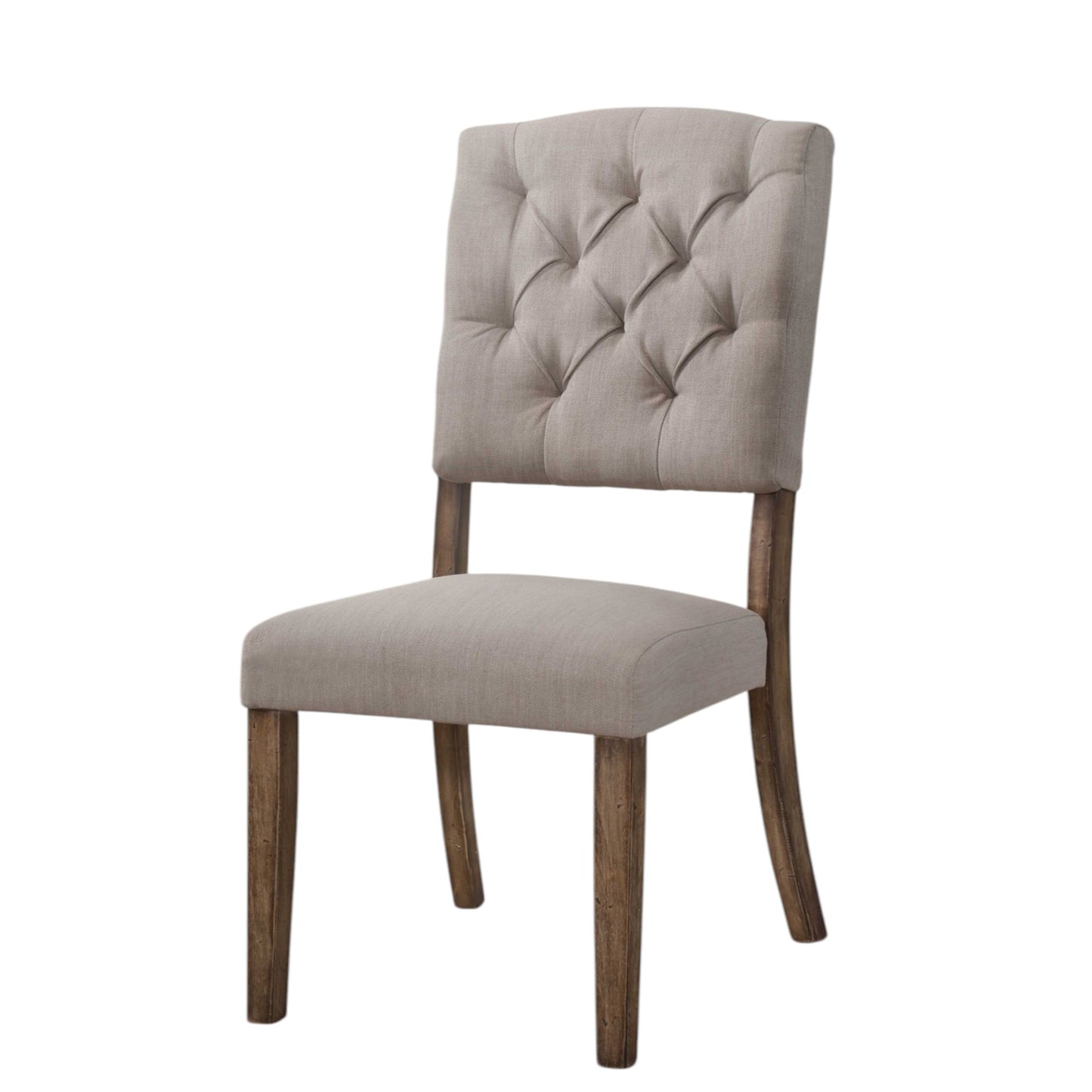Set of Two Tufted Cream and Brown Upholstered Linen Open Back Dining Side Chairs