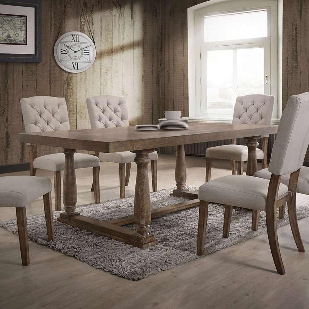 Set of Two Tufted Cream and Brown Upholstered Linen Open Back Dining Side Chairs