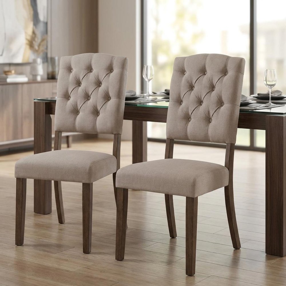 Set of Two Tufted Cream and Brown Upholstered Linen Open Back Dining Side Chairs