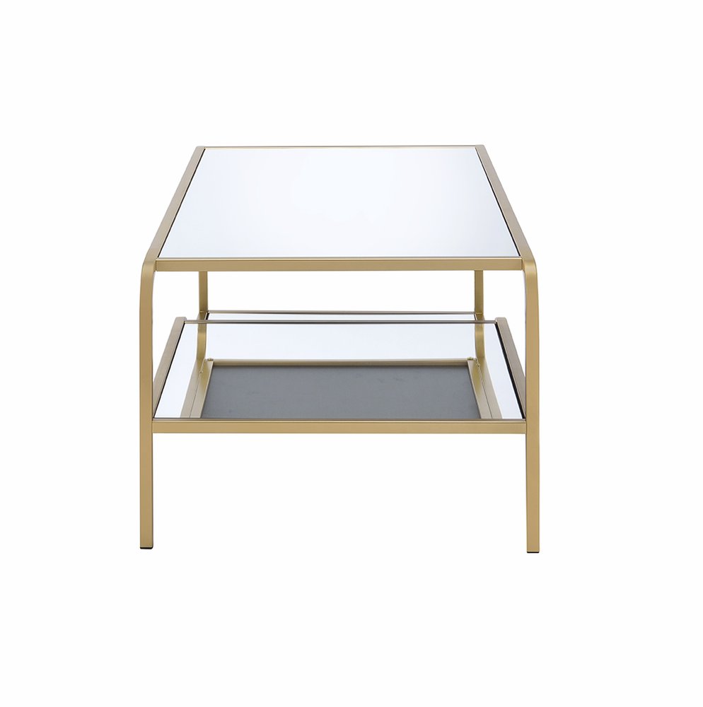 52" Clear and Gold Mirrored Glass And Iron Coffee Table With Shelf