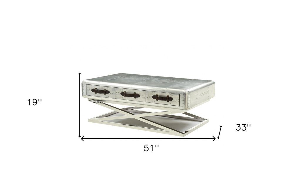 51" Silver Aluminum Trestle Coffee Table With Three Drawers