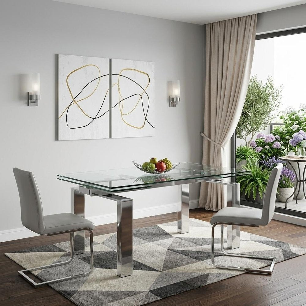 63" Clear and Silver Glass and Stainless Steel Self-Storing Leaf Dining Table