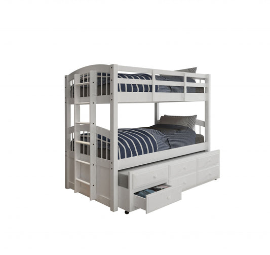 White Twin Solid Wood Bunk Bed With Trundle And Storage