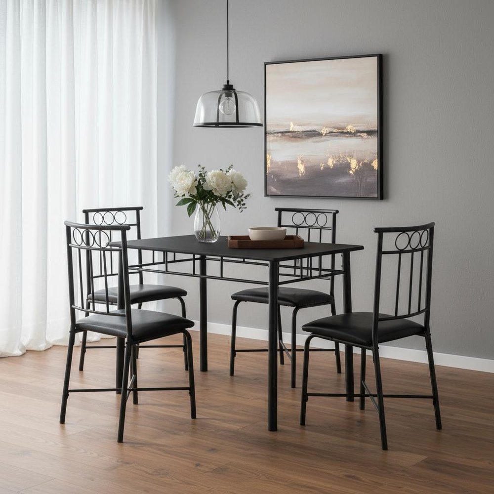 61.5" X 73.5" X 101" Black Metal Foam Polyurethane Leather Look Polyes 5Pcs Dining Set