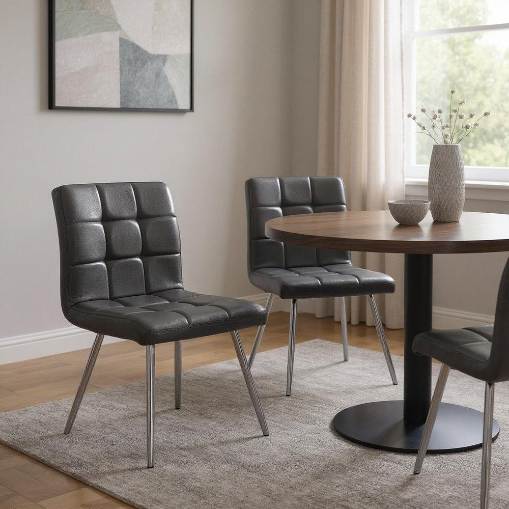 Set of Two Tufted White And Silver Upholstered Faux Leather Dining Side Chairs