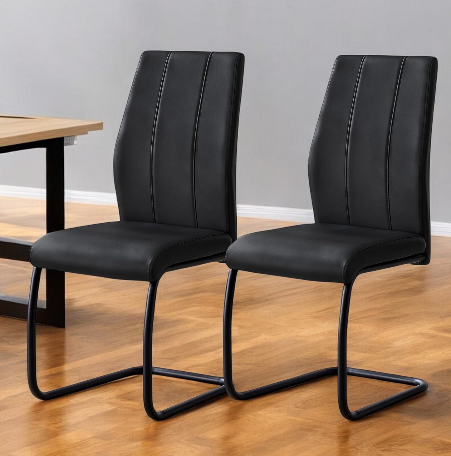 Set of Two Gray And Black Upholstered Faux Leather Dining Side Chairs