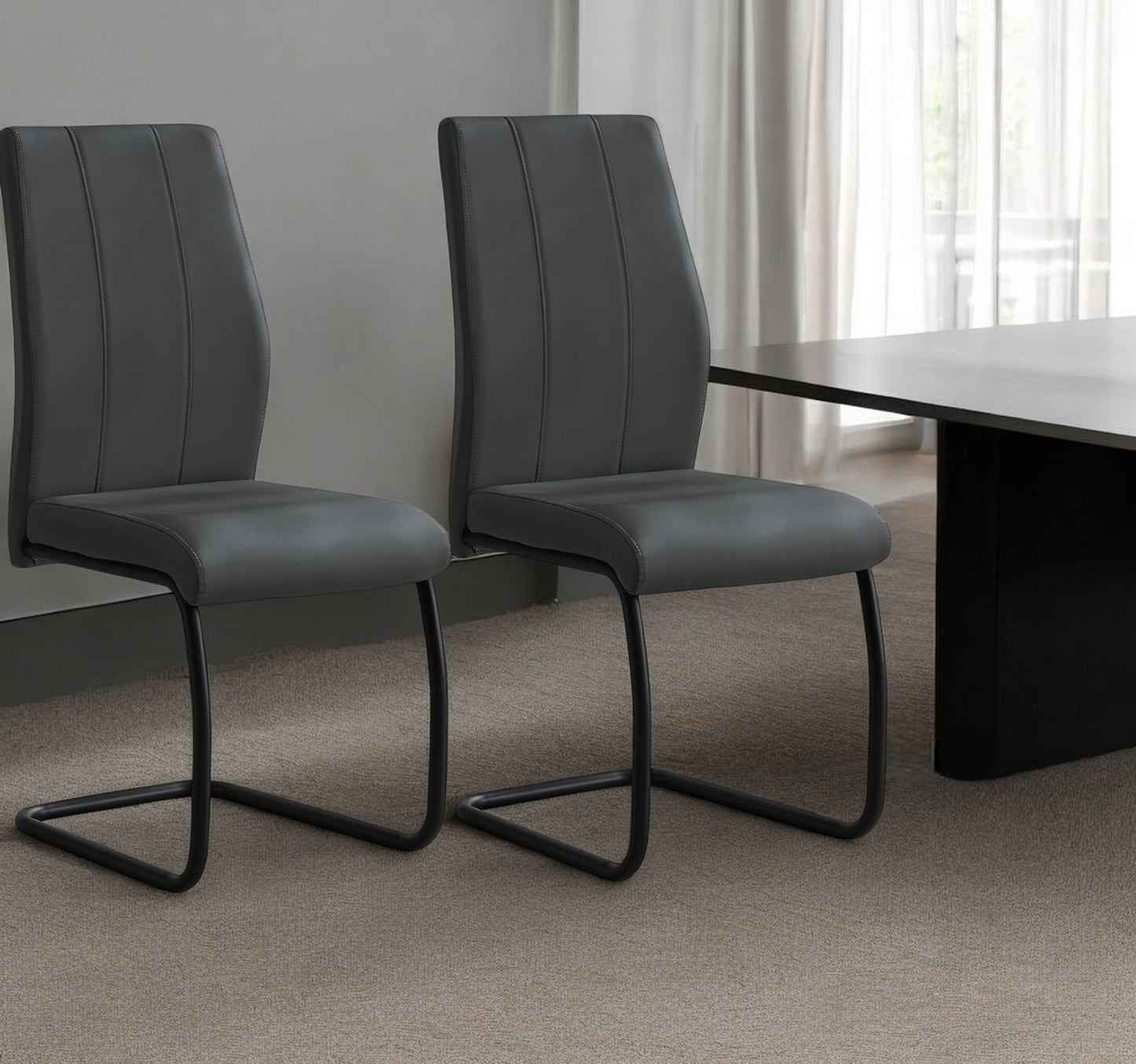 Set of Two Gray And Black Upholstered Faux Leather Dining Side Chairs