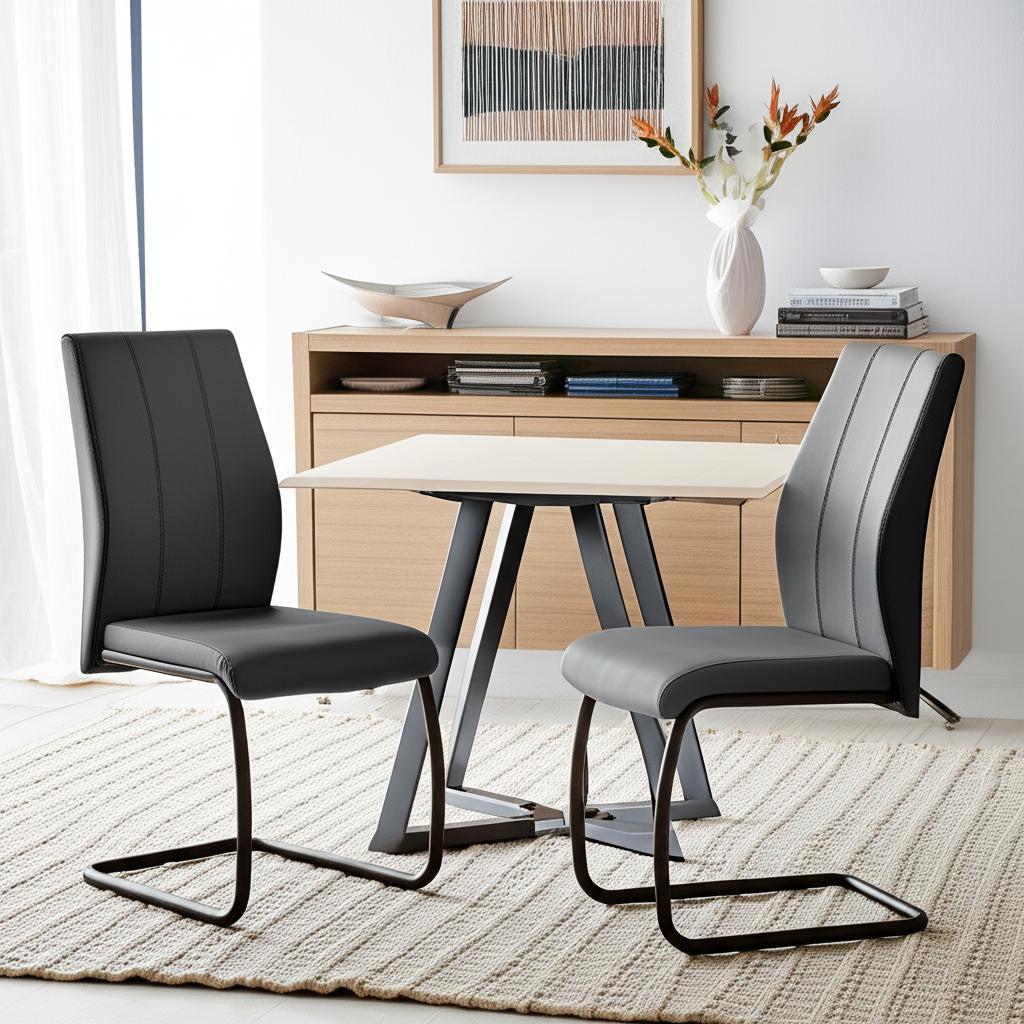 Set of Two Gray And Black Upholstered Faux Leather Dining Side Chairs
