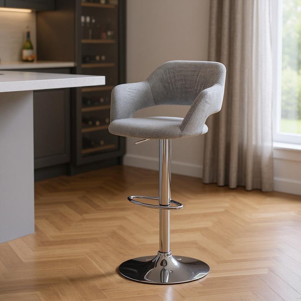 Light Gray And Silver Fabric And Metal Low Back Bar Chair