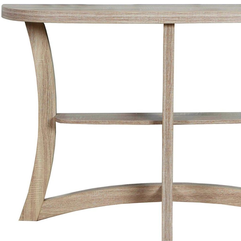 47" Taupe Half Moon Three Leg Console Table With Shelves