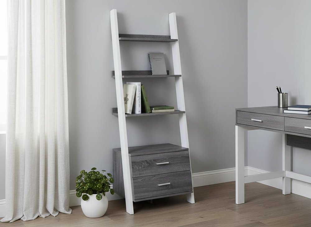 69" Gray and White Wood Ladder Bookcase With Two drawers