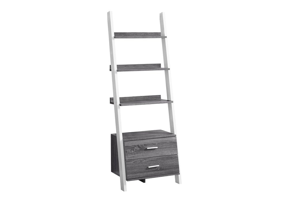 69" Gray and White Wood Ladder Bookcase With Two drawers